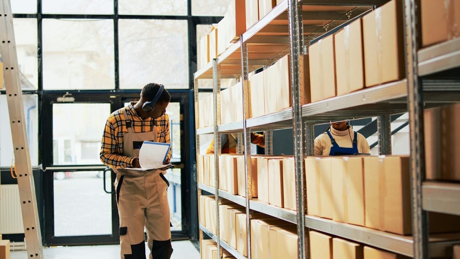 Worker checking archived boxes in a well-lit storage facility